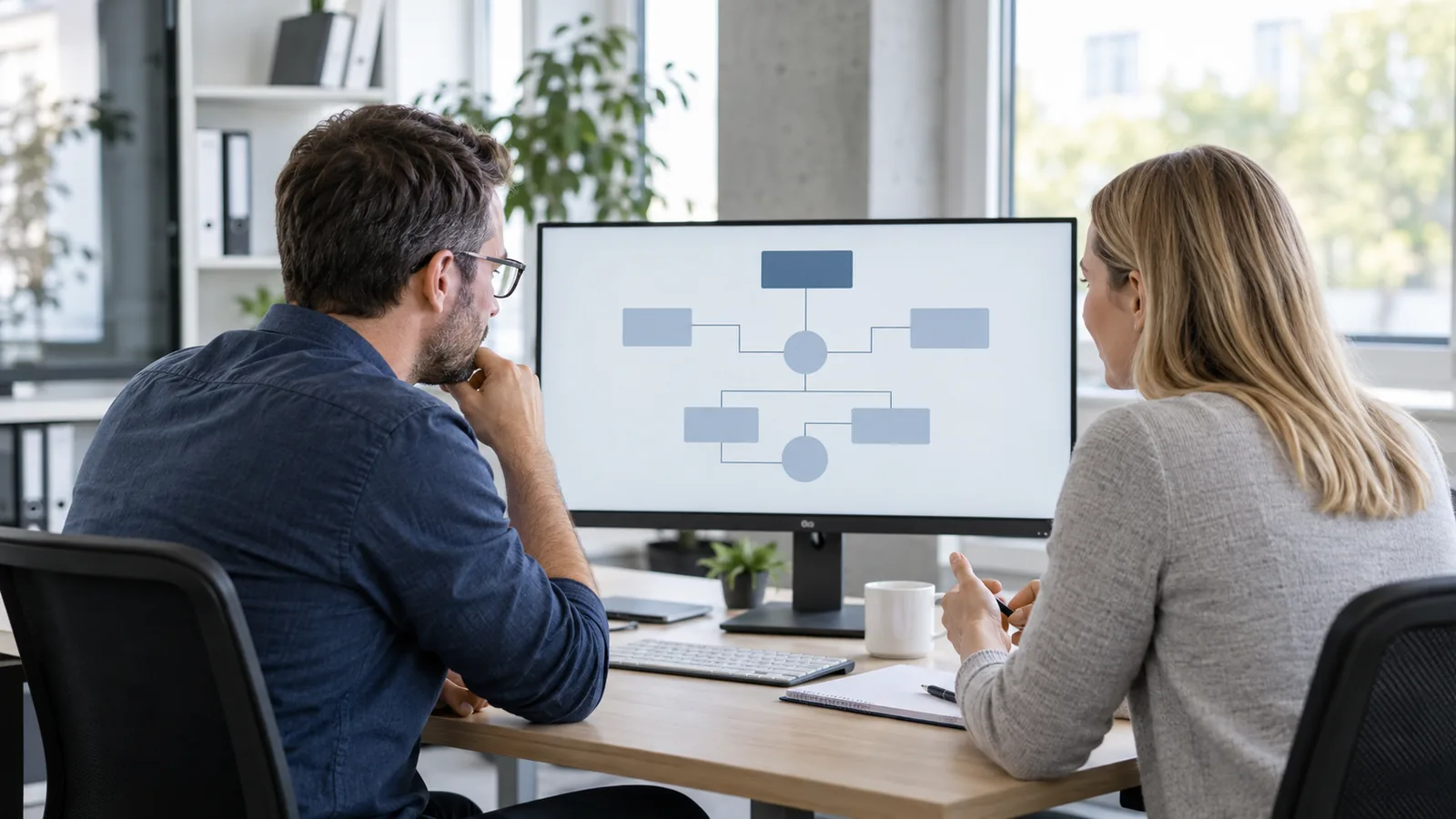Zwei Personen besprechen an einem Bildschirm ein Ablaufdiagramm