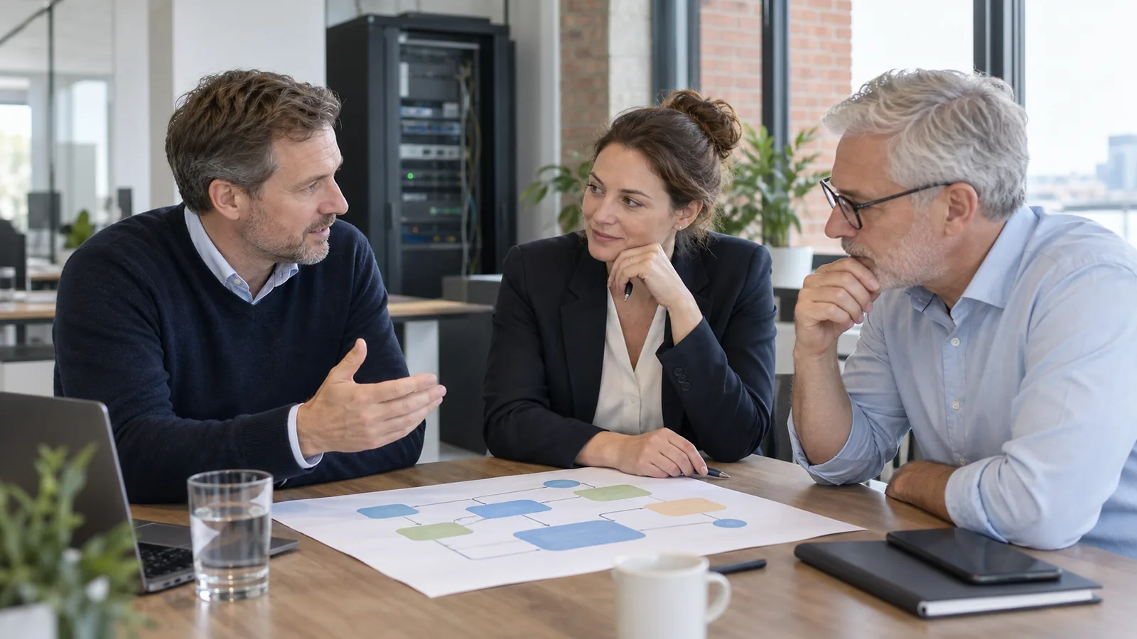 Drei Personen besprechen an einem Bürotisch ein Prozessdiagramm, im Hintergrund ein Serverschrank