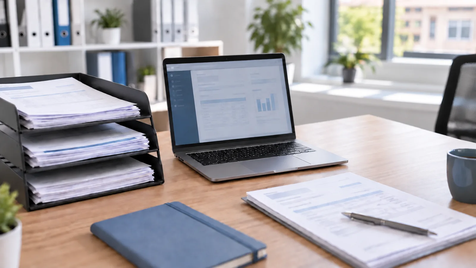 Schreibtisch mit Rechnungsablage, Notebook und aufgeschlagenen Unterlagen
