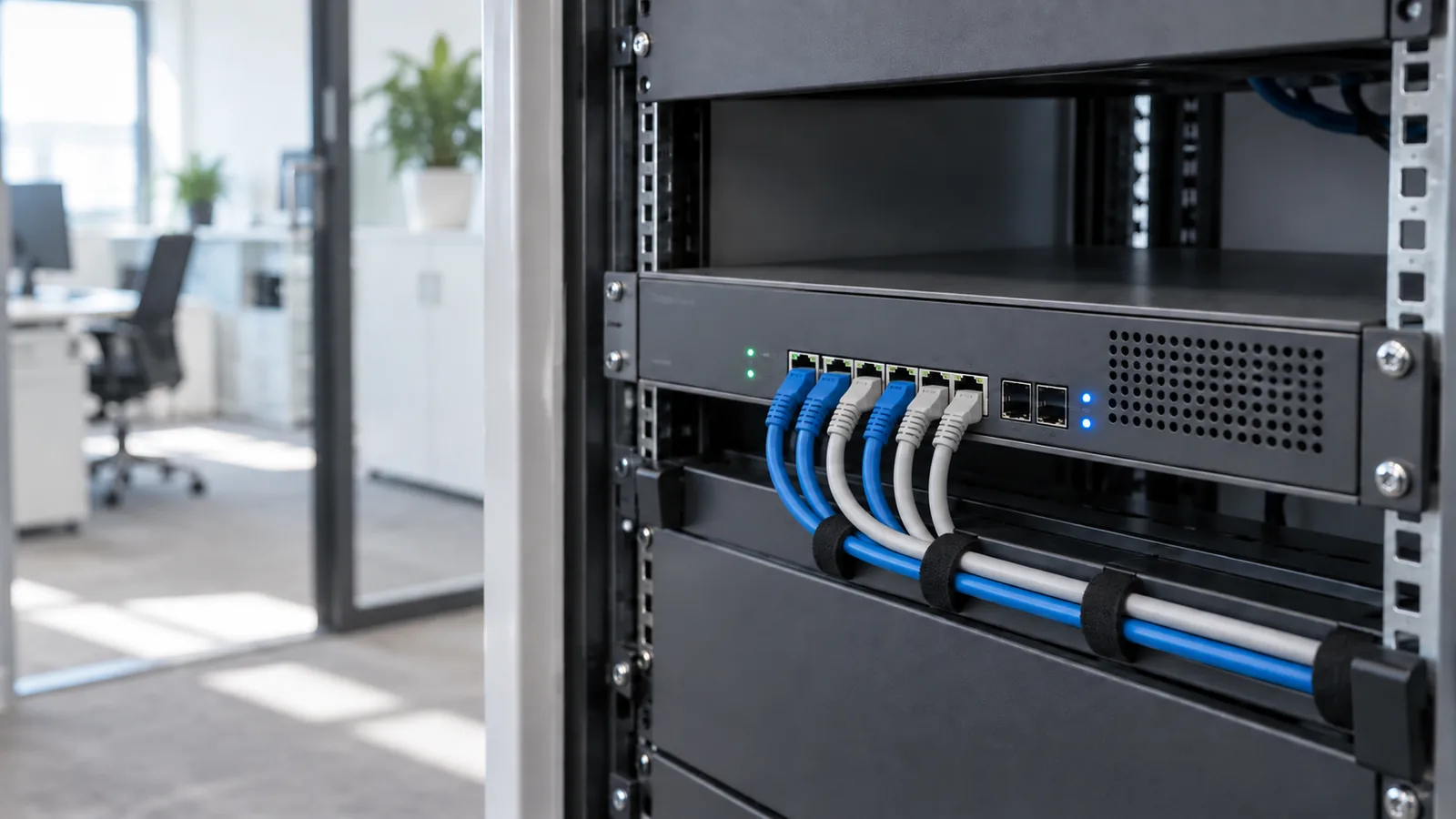 Netzwerk-Appliance im 19-Zoll-Schrank mit angeschlossenen Netzwerkkabeln
